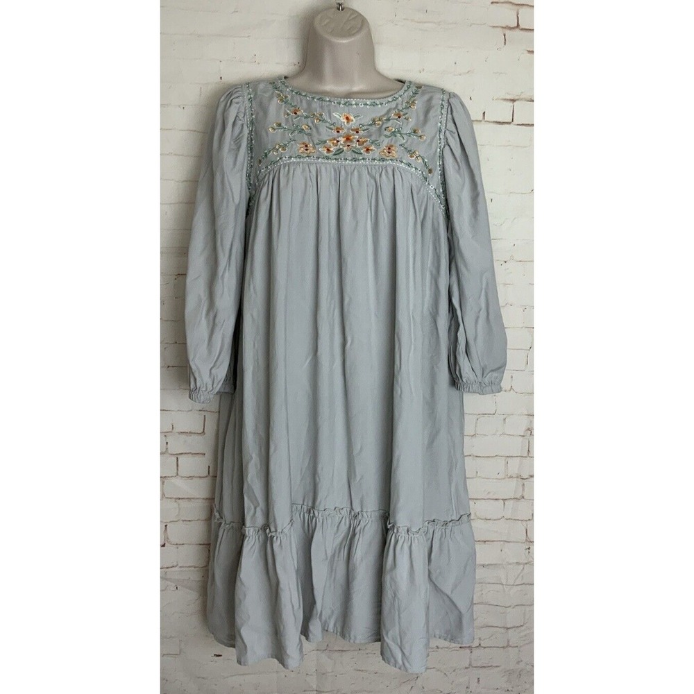 Womens Long Sleeve Light Gray Embroidered Print Knee Length Dress Size‎ S